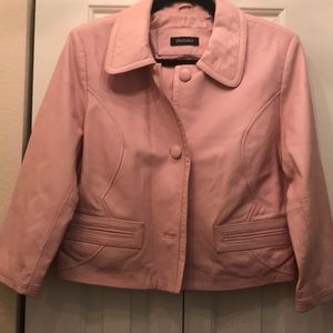 Pink leather jacket.